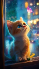 A Curious Kitten's Rainy Day Wonder.
