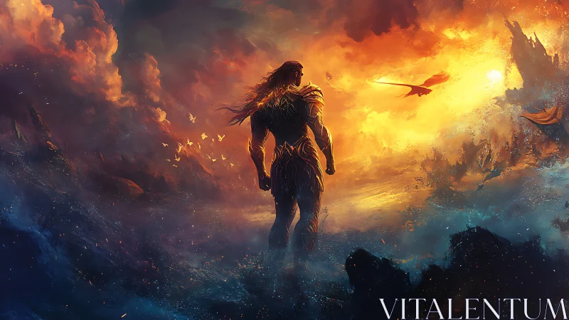 Lone warrior meets a blazing sky and distant dragon.