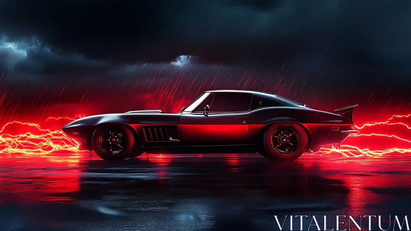 Classic muscle car rendered against stormy neon red backdrop
