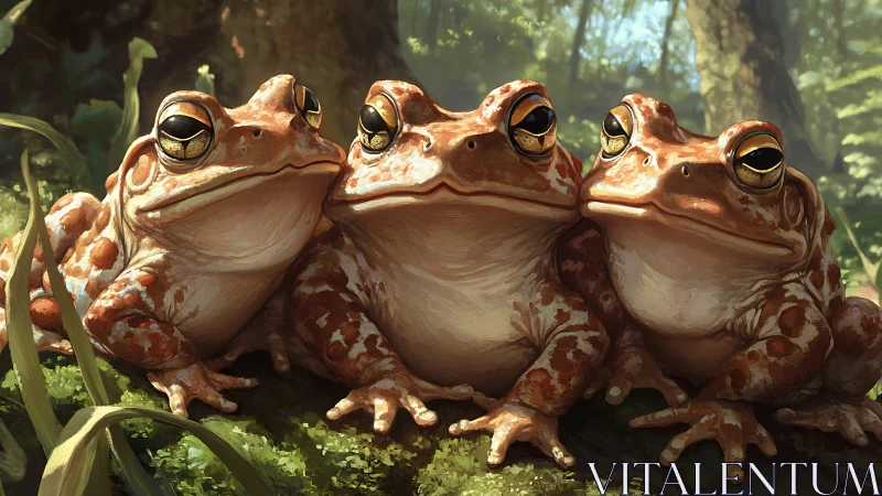 Triad of sunlit toads rendered in high-detail digital realism