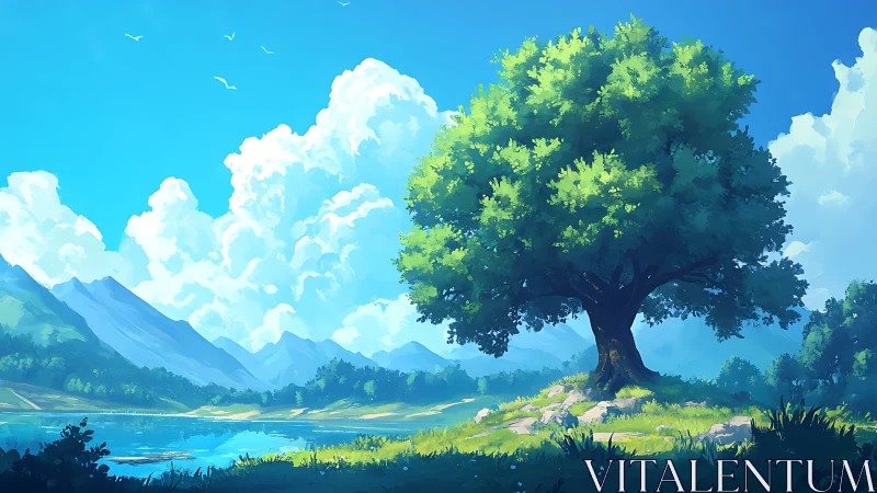 Large lone tree beside bright lake under vivid sky.