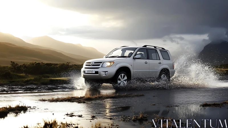 White mid-size SUV fording shallow water under stormy sunset