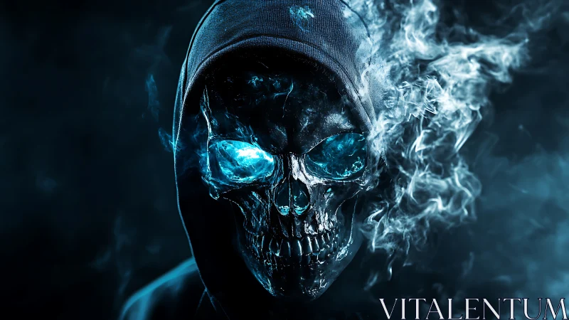 Hooded metallic skull with blue glowing eyes in smoke field.