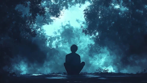 Silhouetted dreamer contemplates a glowing nocturnal sky