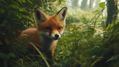 Juvenile red fox rendered in soft-focus forest macro habitat
