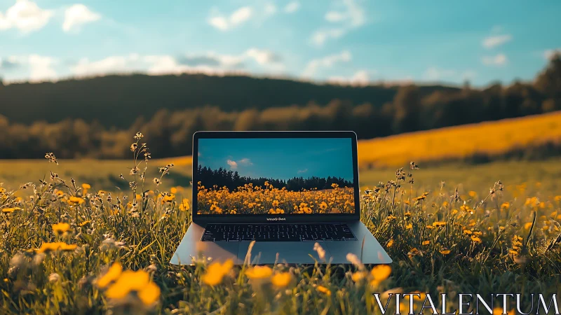 Laptop in wildflower meadow merges nature and screen view.
