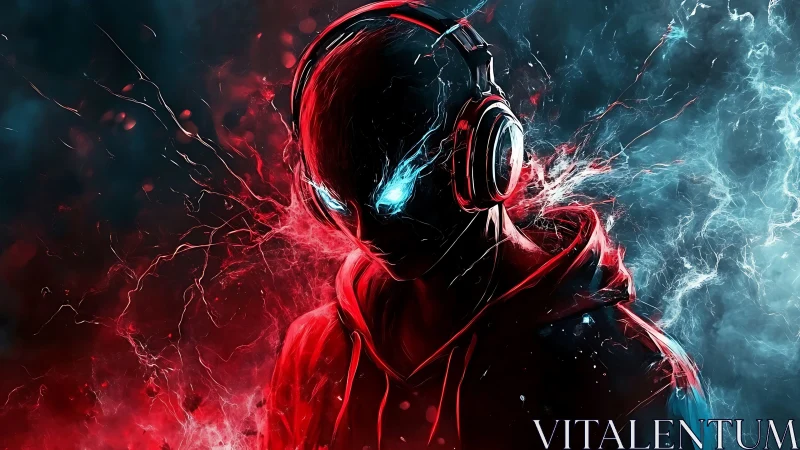 Neon storm listener with electric eyes and blazing hoodie.