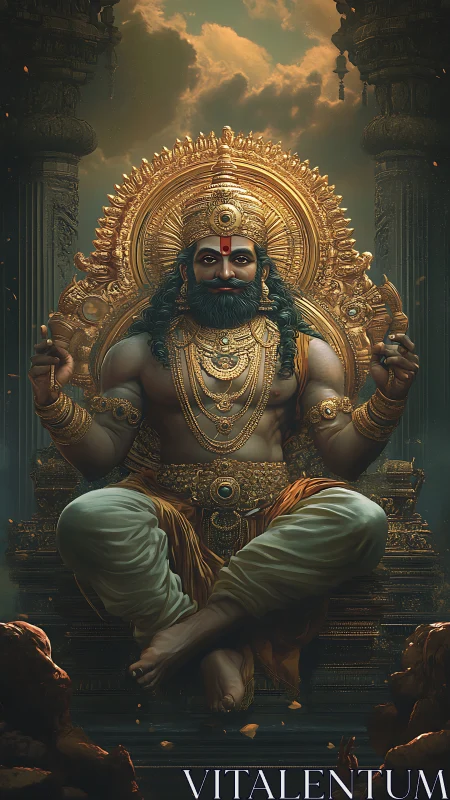 Golden storm-eyed deity throned in emberlit divinity.