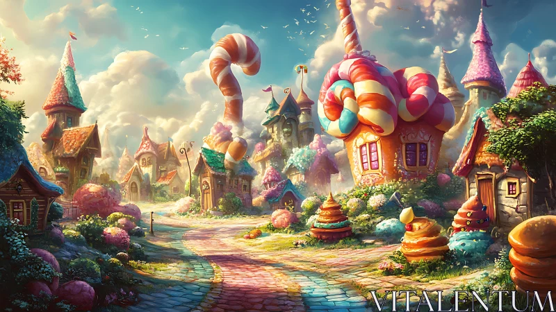 Whimsical candy kingdom with towering lollipop castles under golden skies.