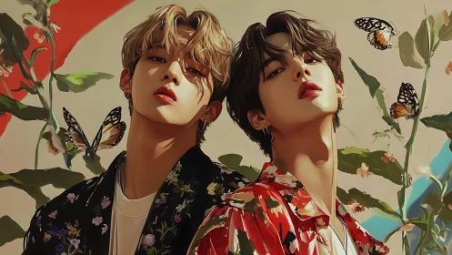 Stylized twin portraits with butterflies and floral shirts.