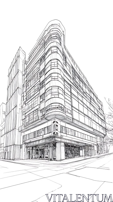 Corner view of modern multi story commercial building line art.