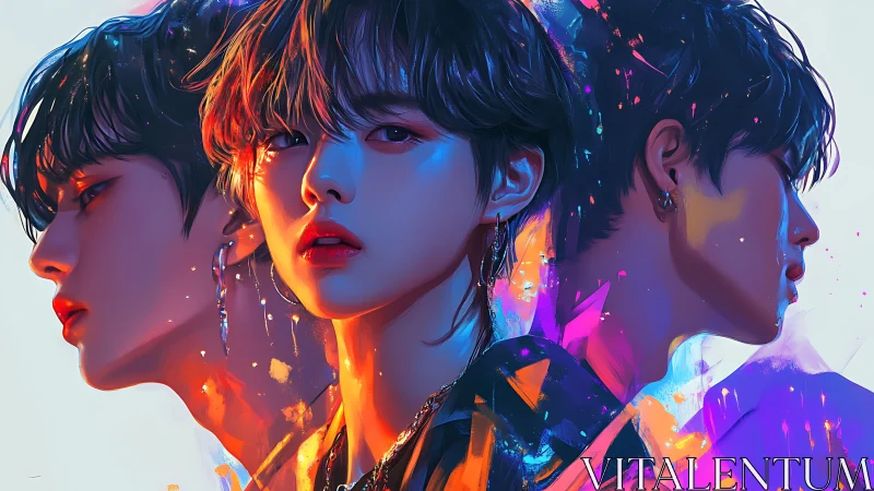 Digital painting triptych portrait with neon chromatic splashes.