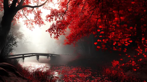Scarlet woodland creek and rustic bridge in cinematic mist.
