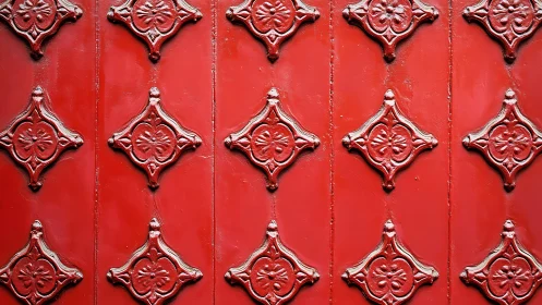 Red metal surface with repeating raised diamond ornaments.
