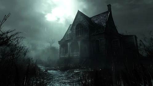 Nocturnal stormlit Victorian house in decayed marshland gloom.