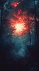 Fiery Sunset Through Dense Forest Canopy