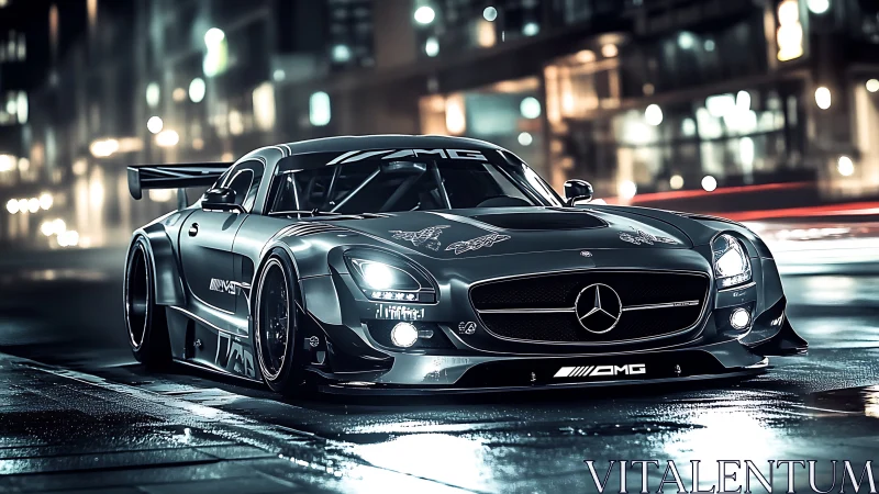 Mercedes AMG GT race car rendered in nocturnal neon streetscape