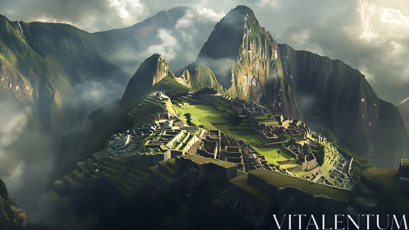 Sunlit mountain citadel welcomes morning light and mist