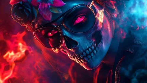 Neon skull queen gazes through flames in electric night.