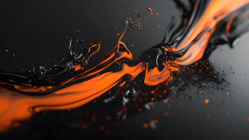 Dynamic Abstract Splash of Black and Orange Liquid on Dark Background.