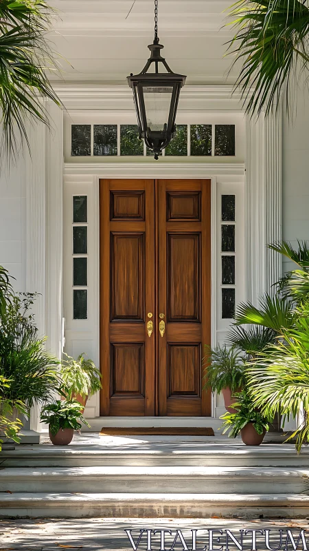 Symmetrical wooden double entry door framed by glazed sidelights and transom