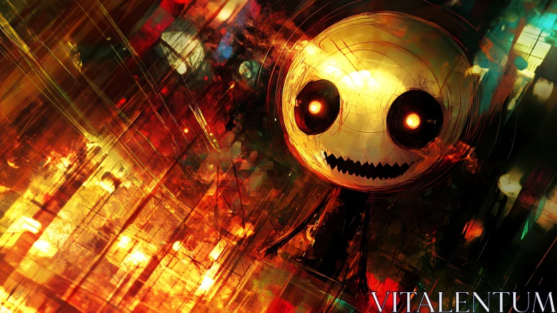 Glowing skull-like figure burns through a fractured neon storm