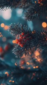 Frosted pine branch holds red berries against blurred lights