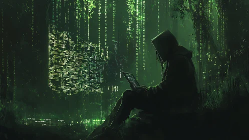 Solitary hooded hacker in neon green code-saturated forest