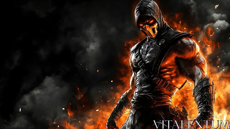 Hooded armored figure in fiery, smoke-filled digital scene.