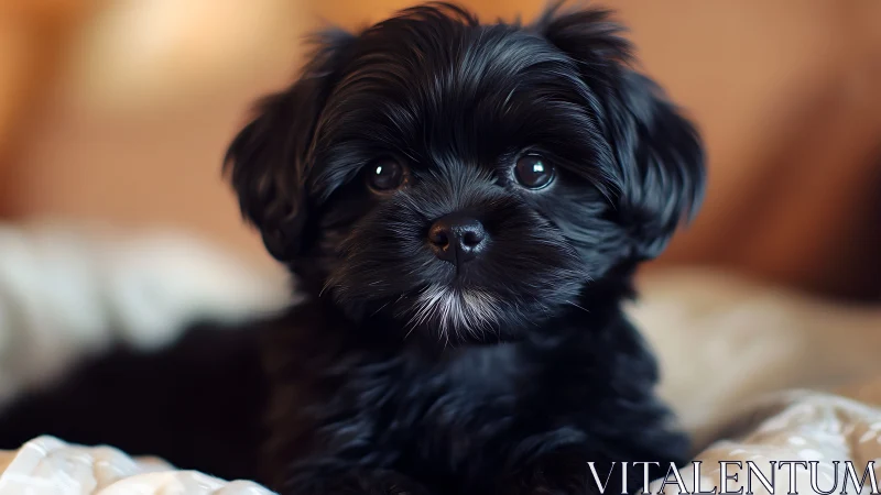 Black puppy lies on soft bedding in warm indoor light