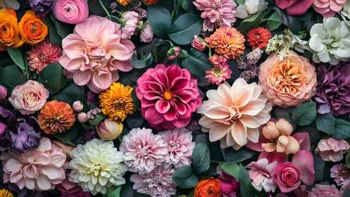 Layered floral composition displaying varied bloom structures in close proximity.