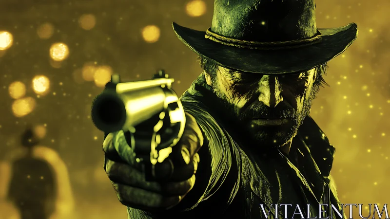 Gunsmoke desperado framed in searing neon gold standoff.