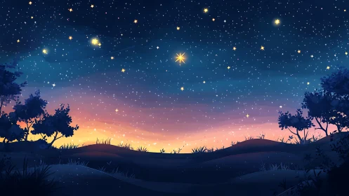 Peaceful twilight hills under a gentle, starry sky.