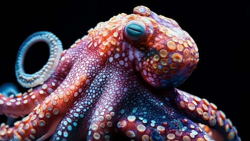 Chromatic octopus quietly conducts a neon tide-side lightshow