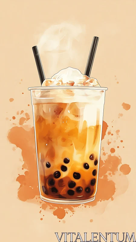 Boba Tea Illustration with Watercolor Splatter Effect.