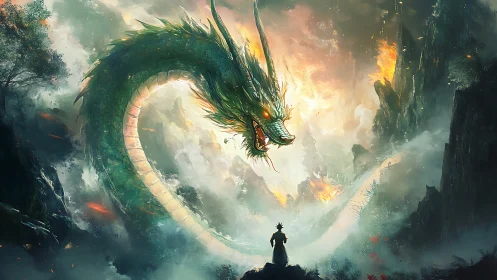 Human figure facing large serpentine dragon over canyon.