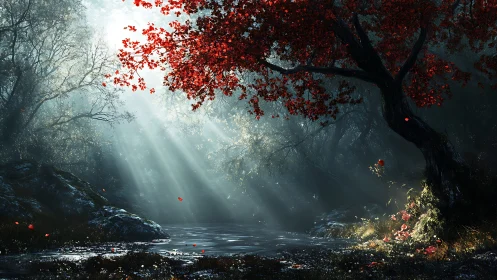 Scarlet tree leaning into silver fog and riverlight hush.