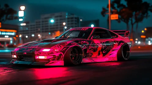 Neon-lit widebody drift car with reflective livery in urban night scene