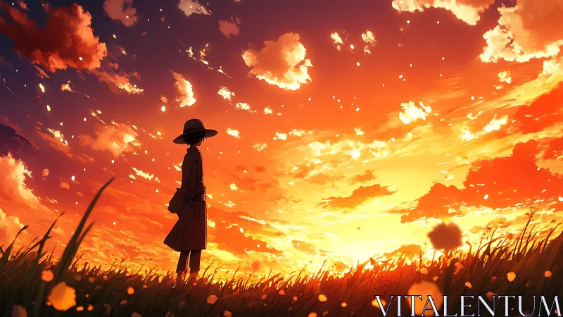 Silhouetted figure in field under expansive orange sunset sky.