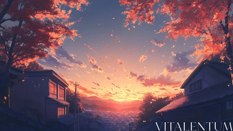 Golden autumn sunset over a quiet hilltop town street.