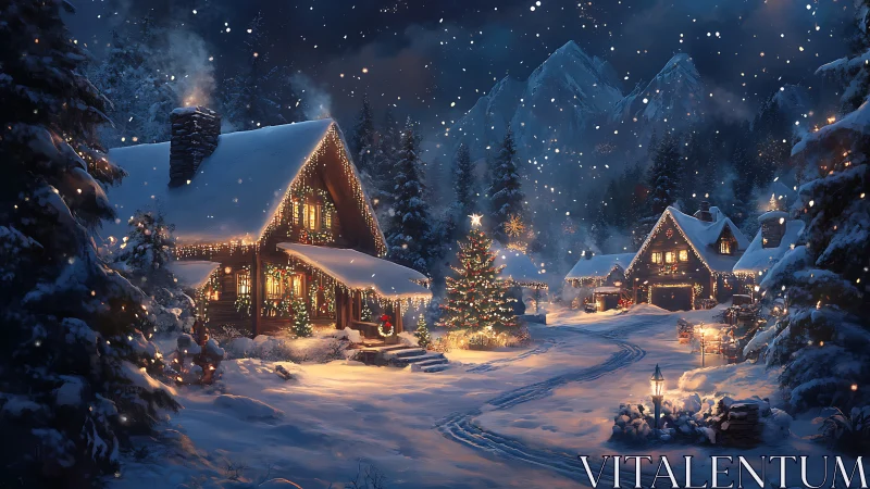 Snow-covered mountain village with illuminated cabins at night.
