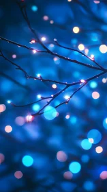 Blue bokeh branches with glowing fairy lights in shallow focus.