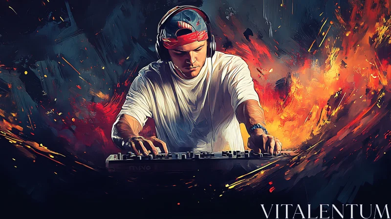 DJ in intense session on mixer with abstract flames backdrop.