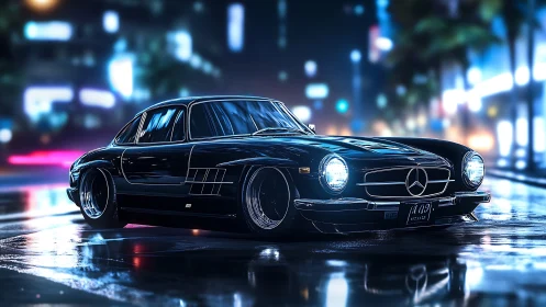 Neon-lit classic coupé in cinematic 3D nighttime streetscape.