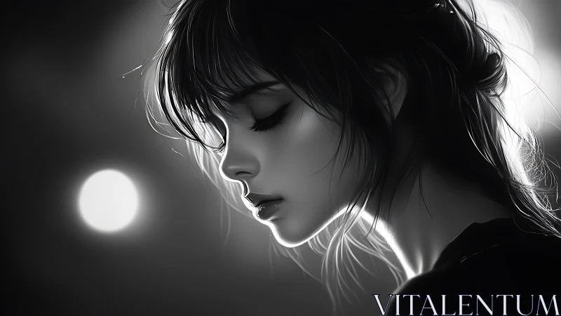 Side profile portrait shows monochrome girl in soft backlight