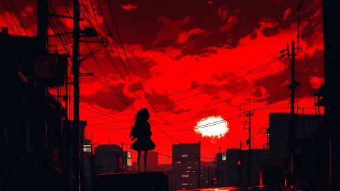 Crimson city sunset with lone girl on quiet rooftop.