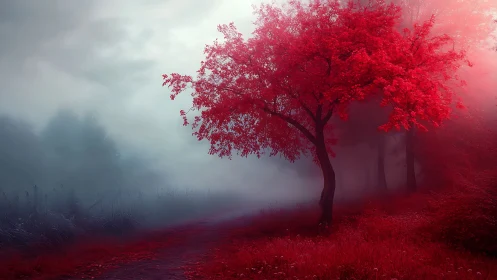 Crimson tree on foggy woodland path in high contrast palette.