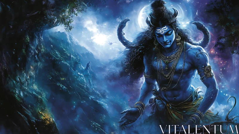 Divine blue deity amid luminous cosmic mountain night.