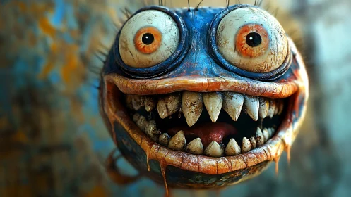 Grotesque wide-eyed creature portrait in decayed cartoon style.
