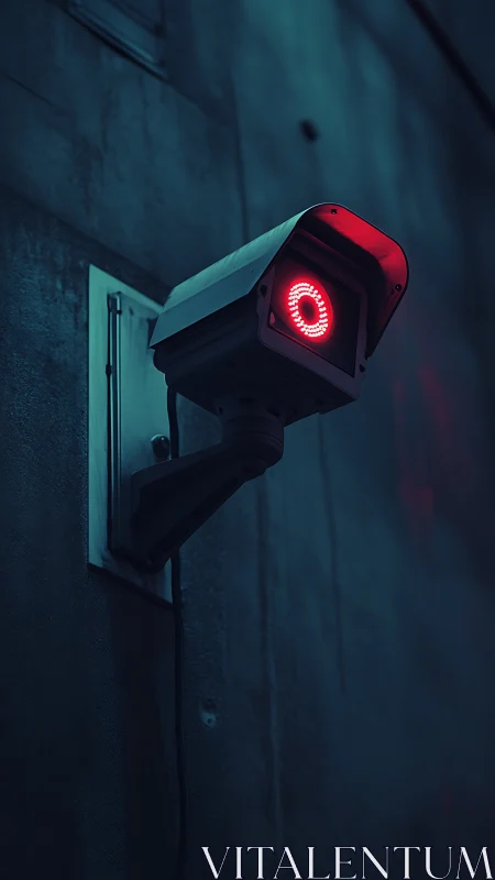 Surveillance camera with red infrared glow on concrete wall.